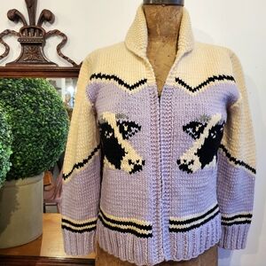 Vintage 50's 60's Cow Cowichan Style Sweater Cardigan
